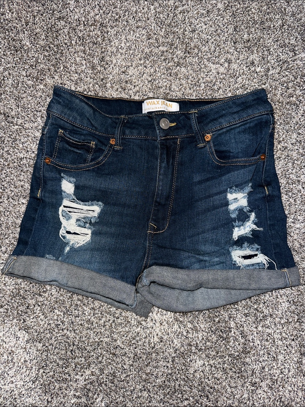 Wax Jean Dark Indigo Distressed Rolled Cuff Denim Shorts